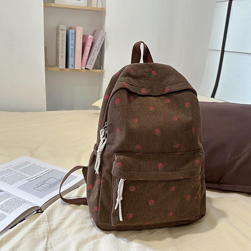 Женский вельветовый рюкзак с принтом клубники, школьный портфель для школьников