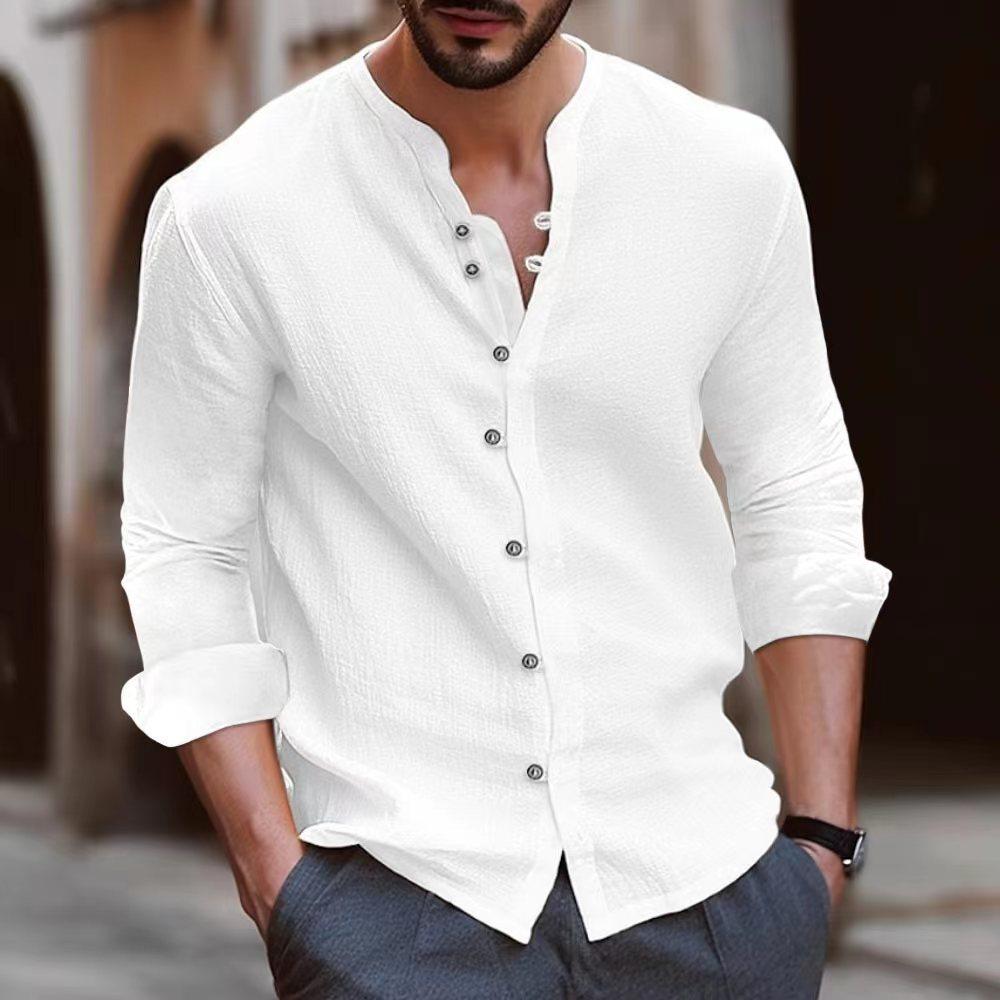 Men Long Sleeve V Collar Casual Cotton Shirts White Black Blue Vintage Buttons Shirt Man Plus Size Solid Color Tops