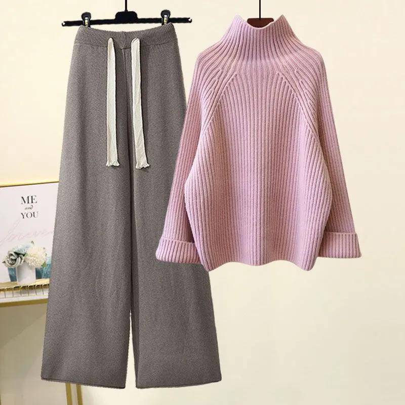 Осенне-зимние женские теплые трикотажные комплекты больших размеров, свитер с длинным рукавом и высокой талией, широкие трикотажные штаны на завязках