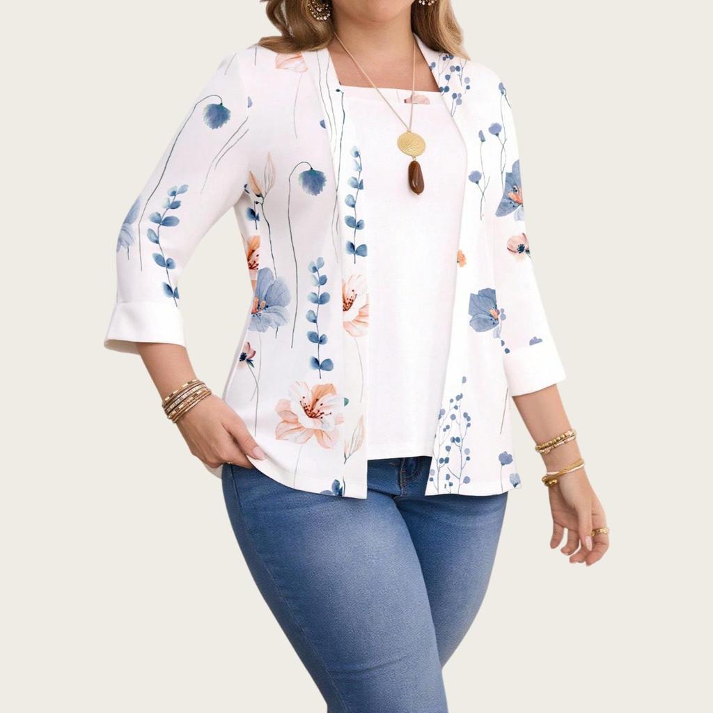 Женский повседневный комплект из двух предметов 2025 года большого размера с цветочным принтом, топ с рукавами семь восьмых