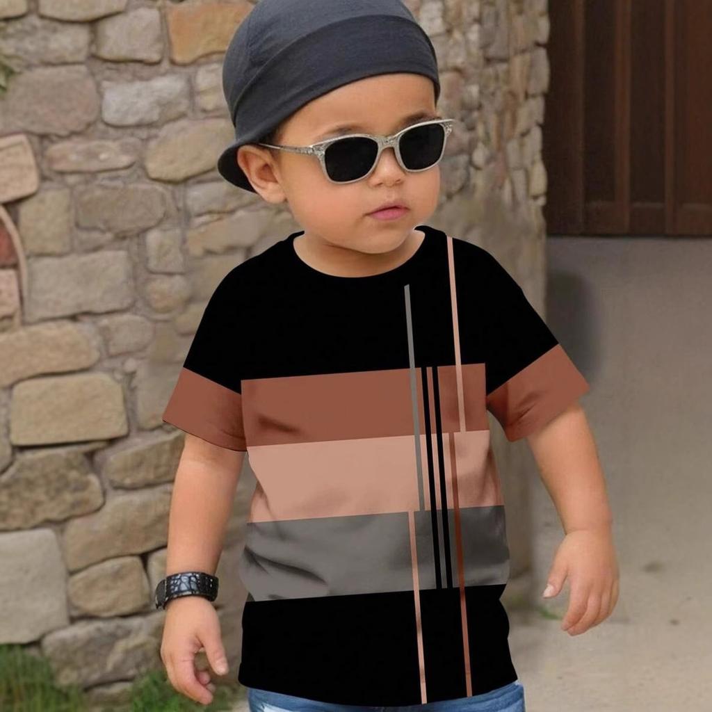 Summer Round Neck 3D Color Blocking Printed Top Fashionable Casual Short Sleeved Children's Boy T-shirts