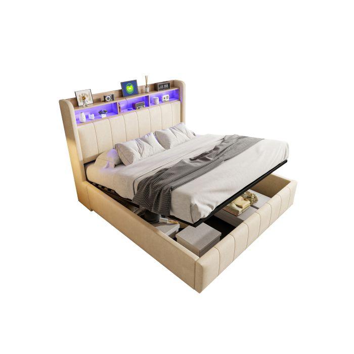 Lit rembourré 160*200 cm, avec éclairage LED et prise USB, tissu de lin beige