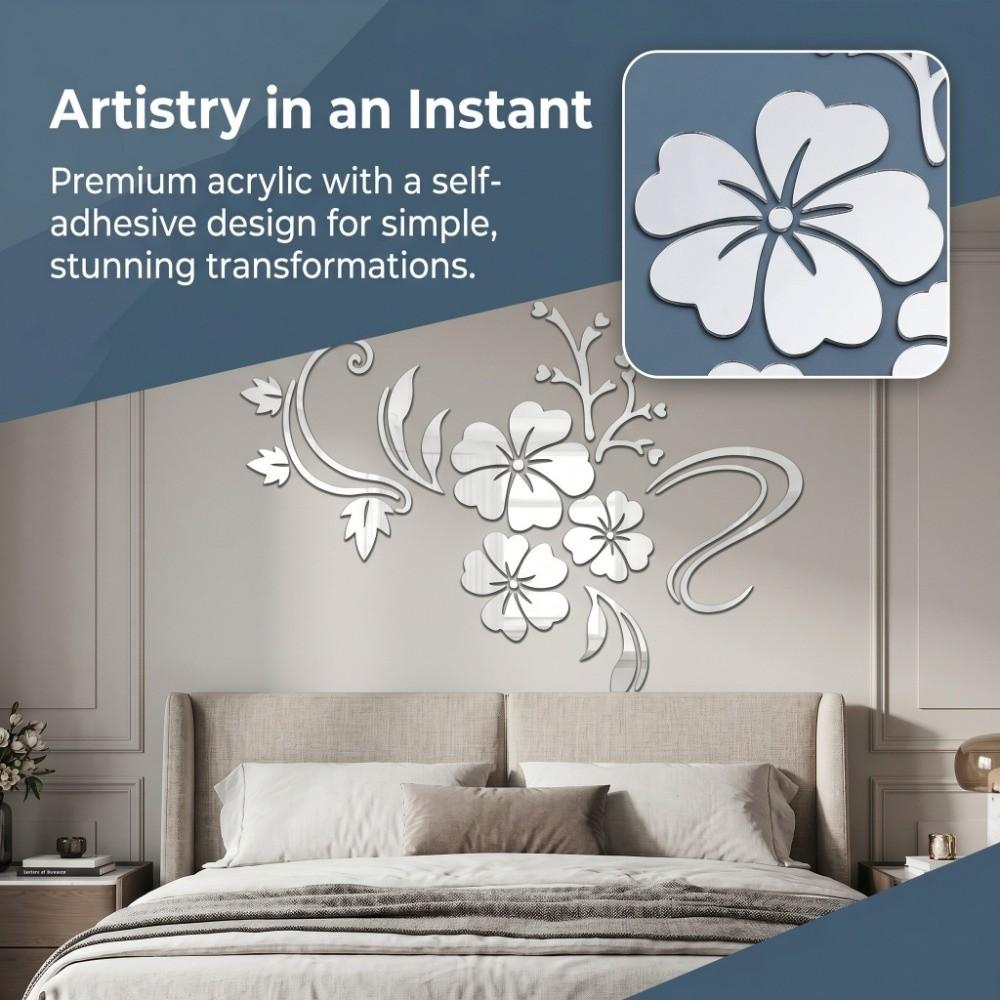 Silver Hibiscus Wall Sticker 47.2x35.4in Acrylic Wall Sticker Living Room Decor