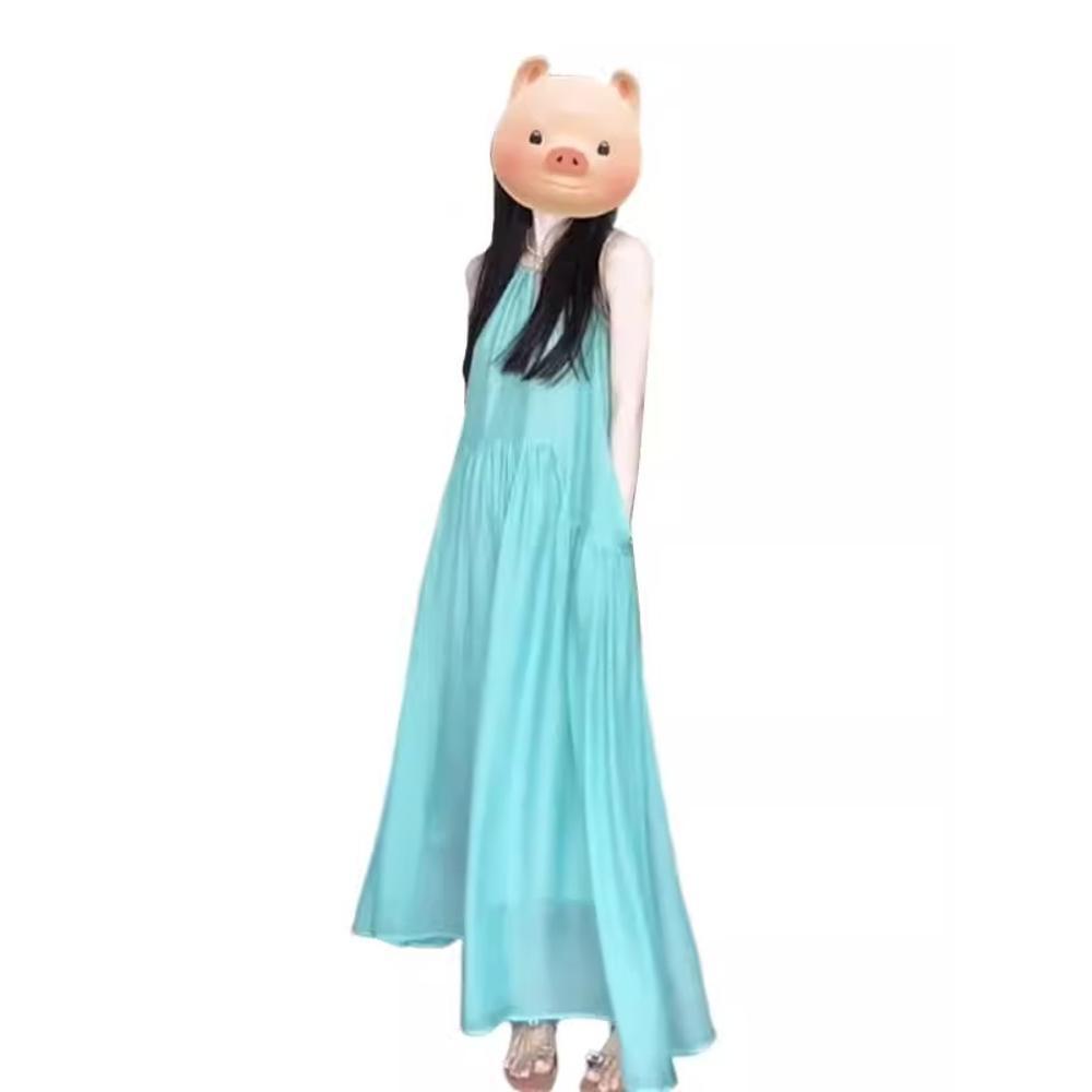 Курортное платье маленький свежий простой милый халтер фото плиссе большой клеш пляжное платье-комбинация