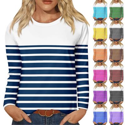 Рубашки с длинным рукавом для женщин, футболки в полоску с графическим принтом, блузки, повседневные базовые топы больших размеров, пуловеры