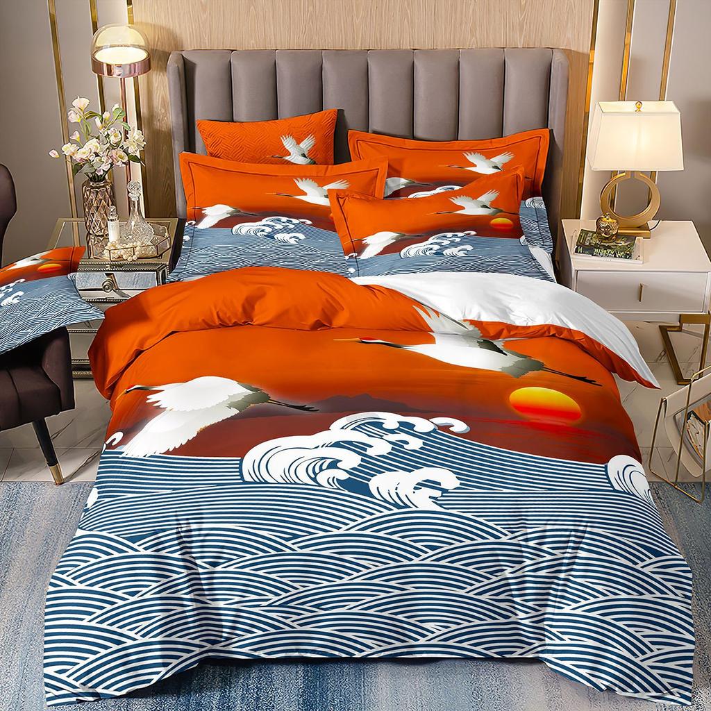 3D Three-Piece Ukiyo-E Painting Wave Flower Quilt Cover Digital Printing Bedding