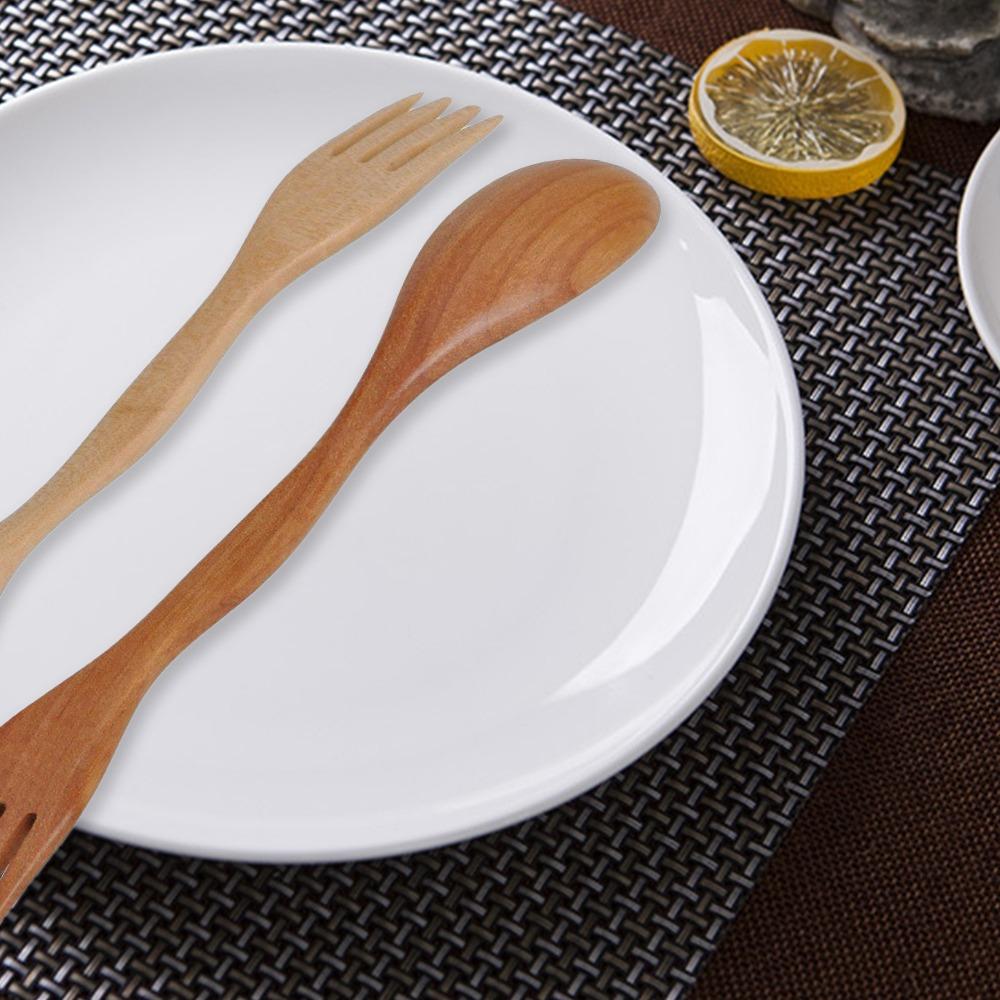 Cutlery Dinner Fruit Spoon Fork Natural Wood 2 In 1 Dual Head
