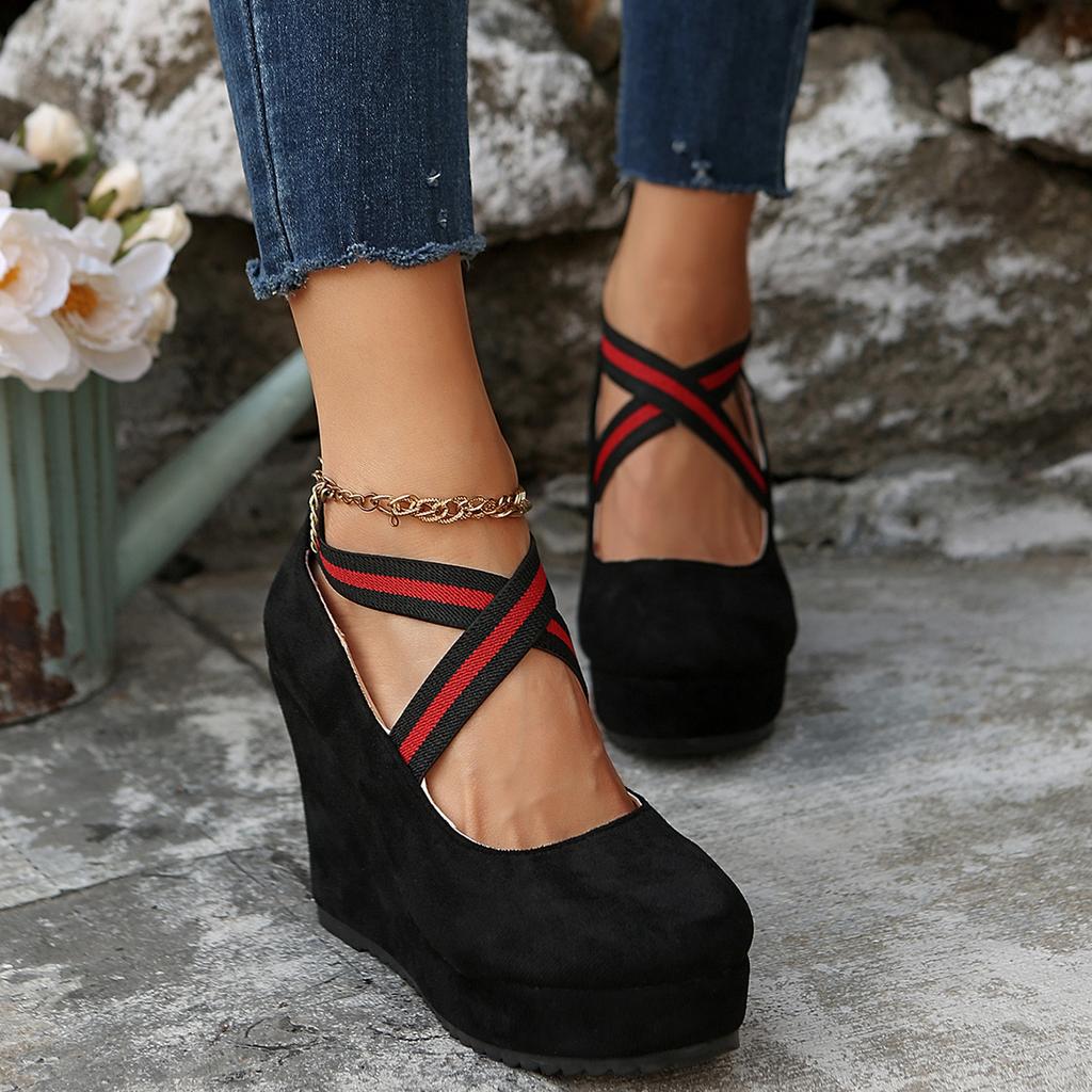 Модная женская обувь Флок Пряжка Бант Ремешок на щиколотке Высокий каблук Сексуальная платформа Клинья Женские туфли-лодочки Красная свадебная обувь Zapatillas De Deporte