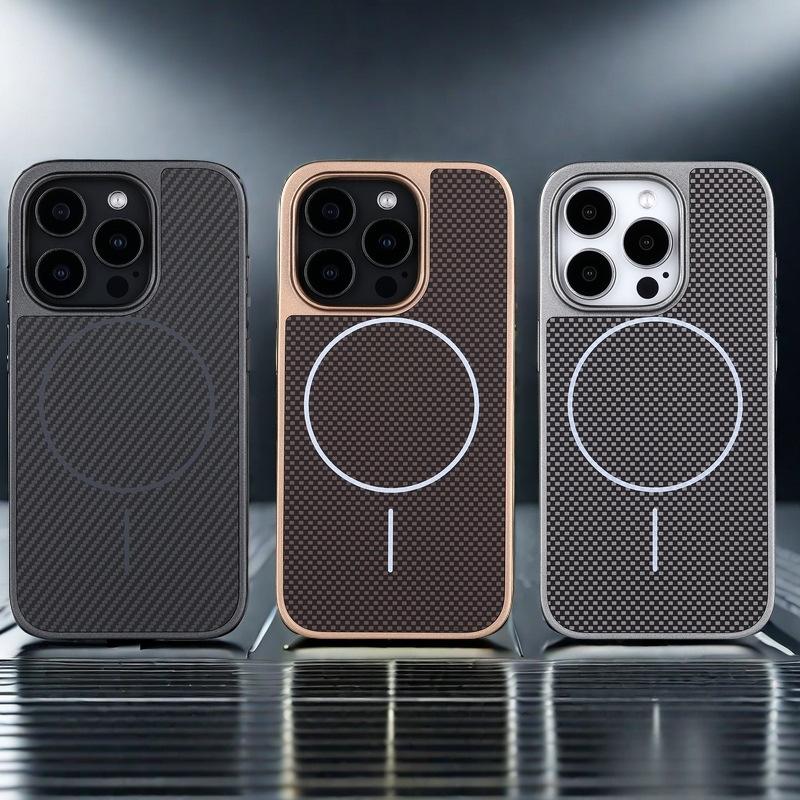 15 16 17 Pro Max Carbon Fiber Texture Magnetic Wireless Charging Phone Case for IPhone 16 Plus Matte Leather Protection Shell