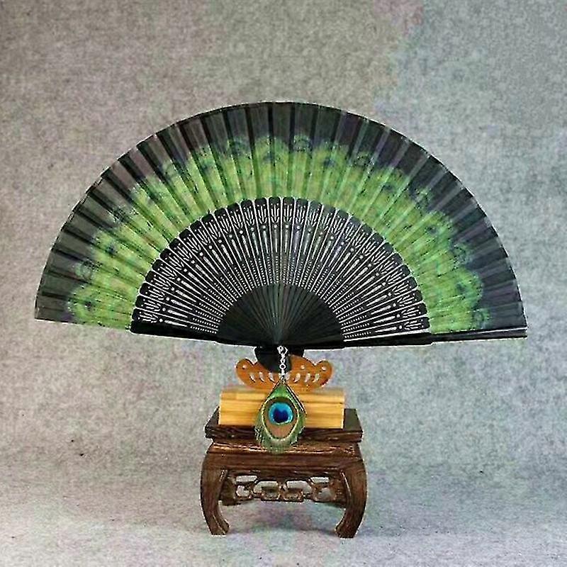 Ladies high-end bamboo folding hand fan, peacock feather pattern 1 piece