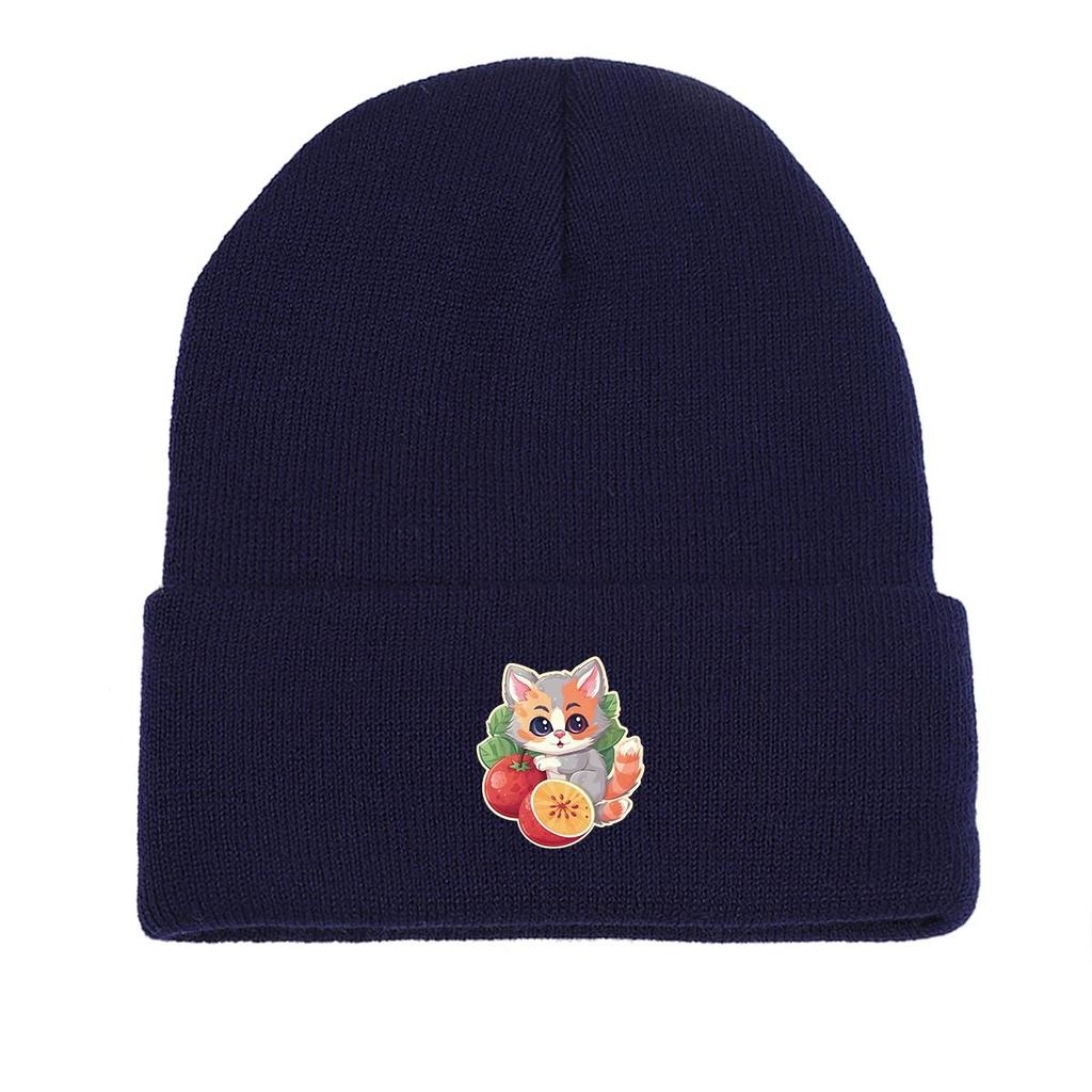 Cat Fruit Print Knitted Hat Beanie, Man Cap Elastic Candy Color Trendy Pompom Beanies Knit Cap Beanie