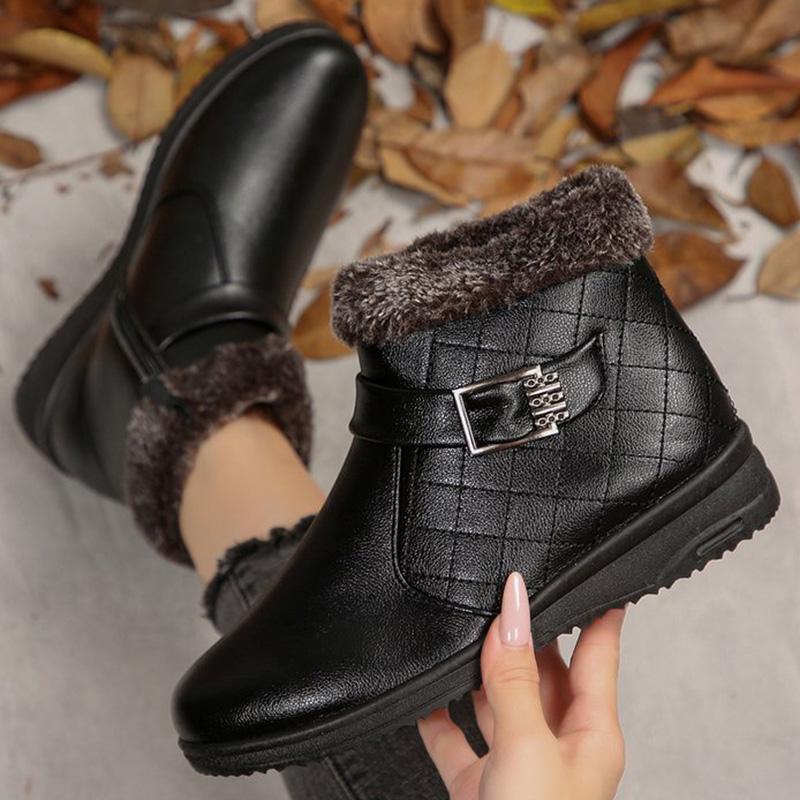 Fashion Retro Faux Pu Leather Snow Boots Women Winter 2025 Zipper Up Wedges Snow Boots Woman Anti Slip Furry Warm Booties Female