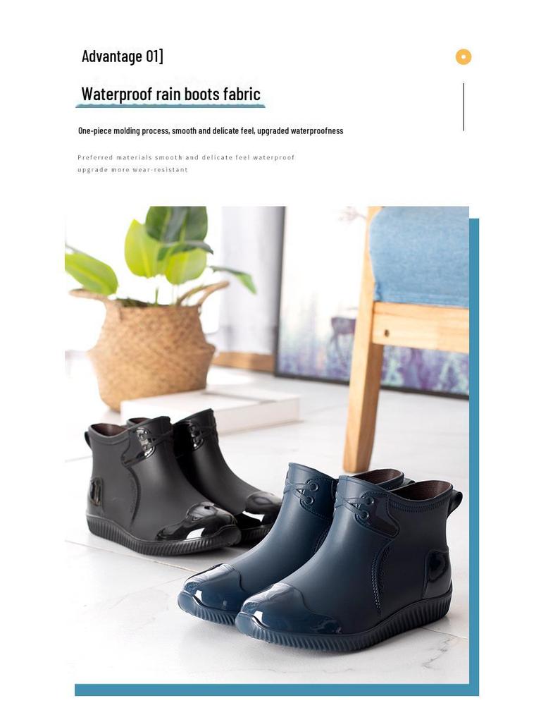 Мужские блестящие повседневные резиновые сапоги с низким верхом - Водонепроницаемая обувь на толстом низком каблуке