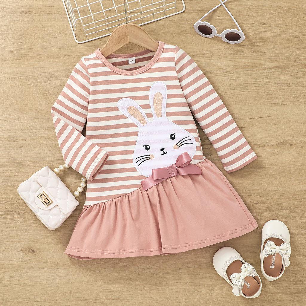 Осеннее полосатое платье для девочек Детская одежда Повседневная юбка с рисунком кролика Короткая юбка Милая юбка А-силуэта для девочки