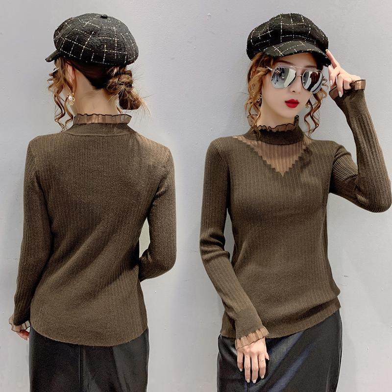 Half High Collar Lace Patchwork Hollow Sweater for Women's Autumn and Winter Slim Fit Knitted Top