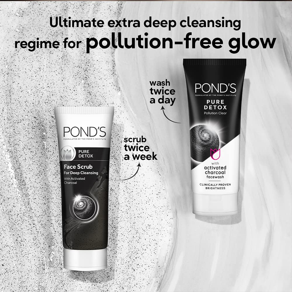 POND'S Умывальник для лица Pure Detox 200 г, ежедневное отшелушивающее и осветляющее очищающее средство, глубоко очищает жирную кожу — с активированным углем для свежей и сияющей кожи
