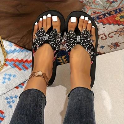 [Стразы Шлепанцы] Блестящие черные шлепанцы со стразами для женщин | Удобная модель слип-он с амортизирующей подошвой из ЭВА, повседневные сандалии для ношения в любое время года