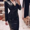 Neuer Pu-Lederrock für Damen, tiefer V-Ausschnitt, schmales, langärmliges Kleid, Tasche, Hüftgurt, Lederkleid