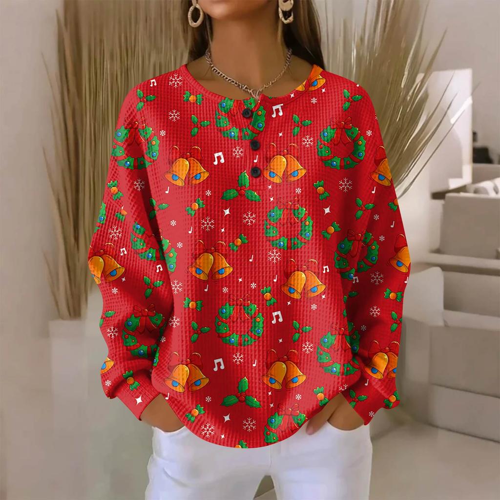 Women's Fashionable Casual Christmas Print V-Neck Long-Sleeved Button-Down Blouse