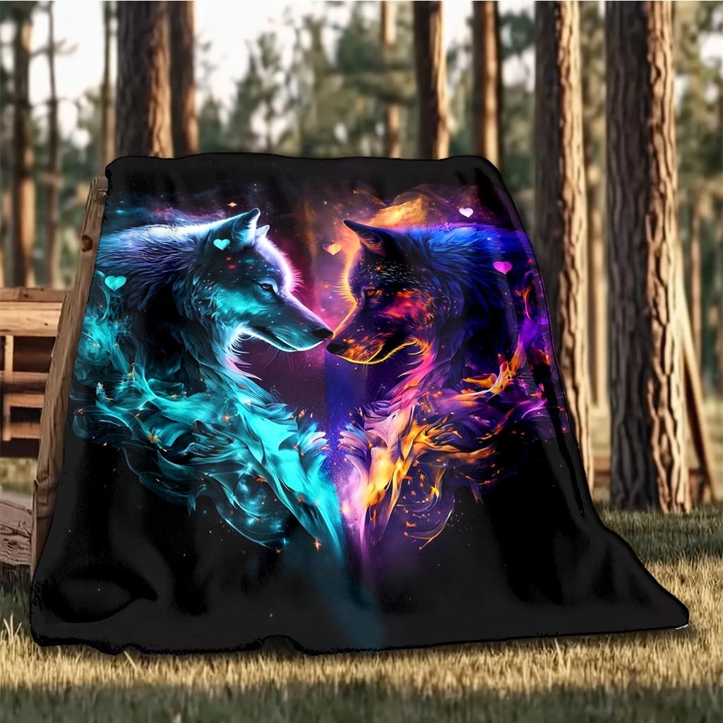 1pc Wolf Printing Lightweight Flannel Blanket, Comfortable and Warm Blanket, for Camping Sofa Bed and Couch Office, Gift Blankets in