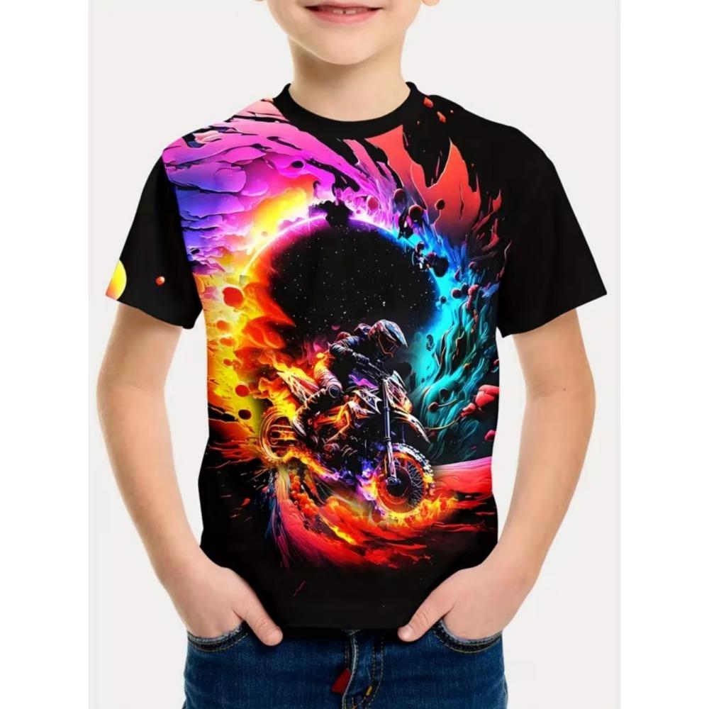 Funny Motorcycle Rider Print Kids Short Sleeves T-Shirt Loose Casual Summer Outdoor Street Boy and Girl Tees Tops