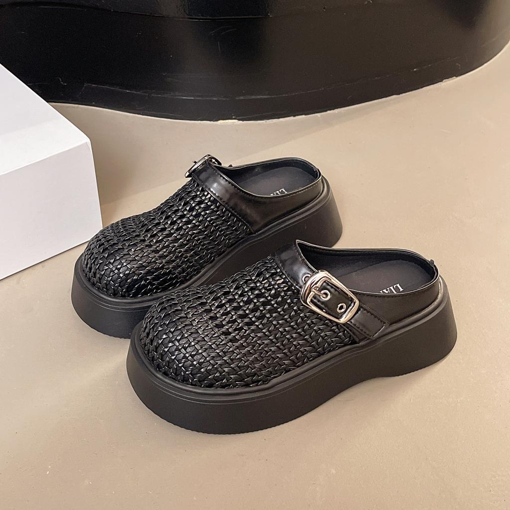 Женские лоферы на платформе-маффине, новинка 2025 года, весенне-летняя взрывная модель, ретро, плетеный мысок, полушлепанцы, маленькие сандалии