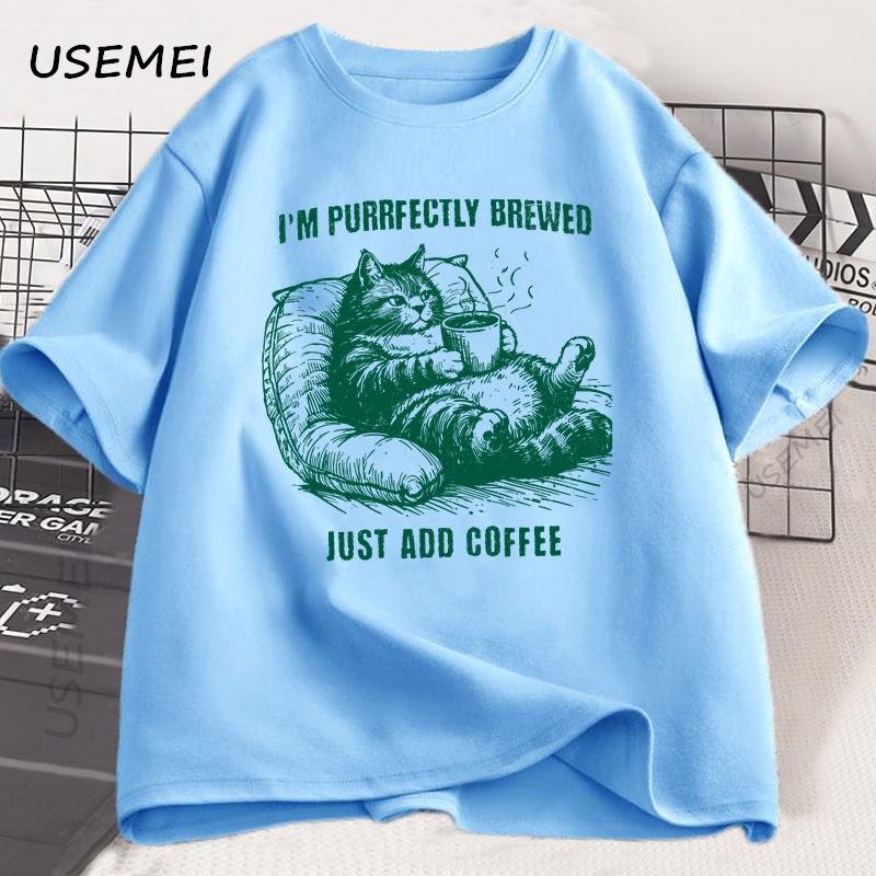 Retro Funny Cat Coffee Graphic T-Shirt Cat Lovers Retro Men Women T Shirt Short Sleeved High-Quality Cotton Casual Neck Tees