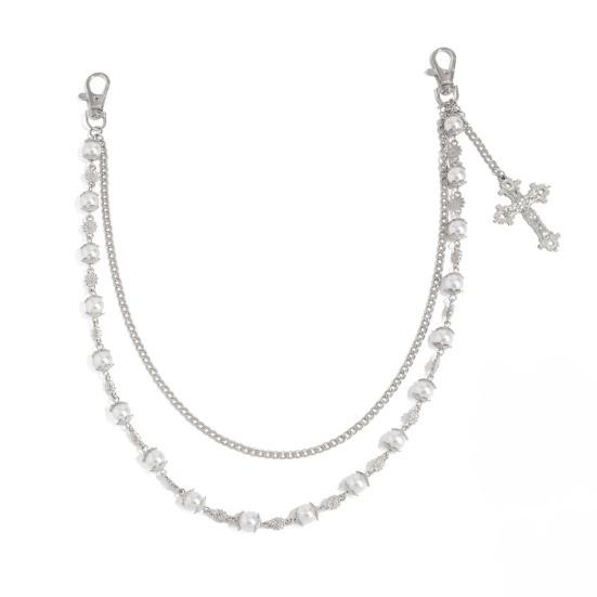 Pants Chain Faux Pearls Metal Flower Decor Wallet Chain Multi-layered Design Hip-hop Style Wallet Chain Wearable Art Accessory