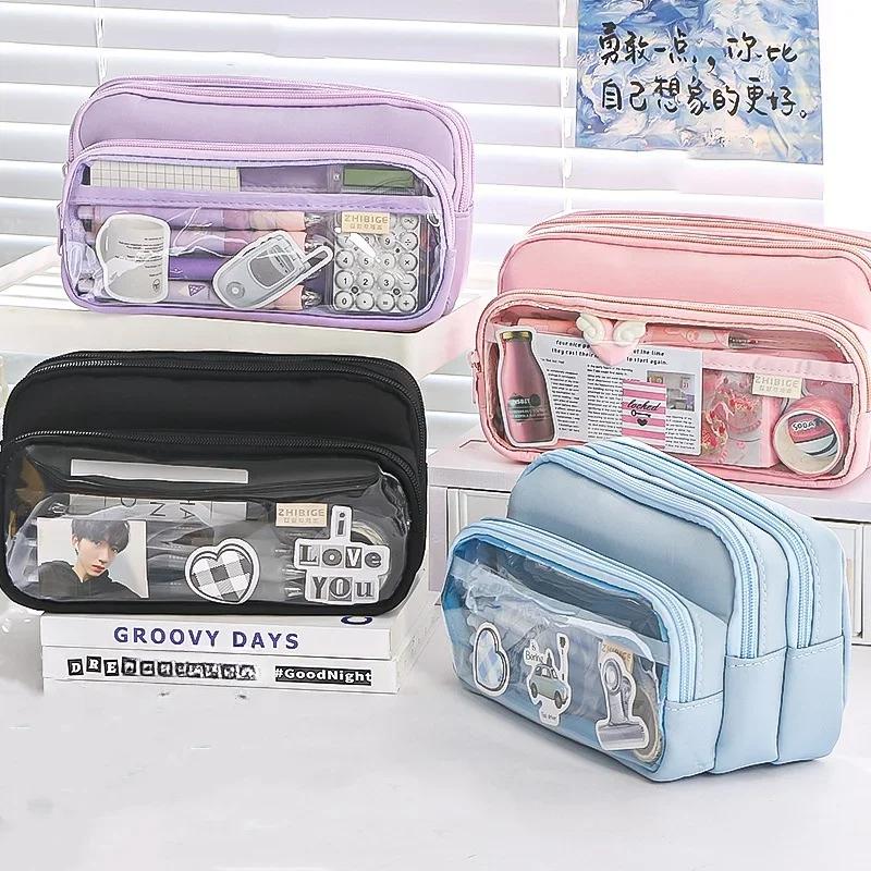Chic Solid Color Pencil Case Korean Simplicity Transparent Pen Pouch Large Capacity Stationery Organizer Bag School Supplies