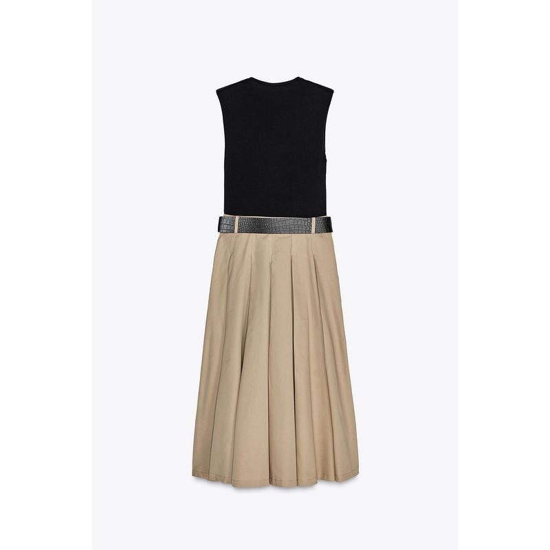 2025 New Pleated Skirt Elegant with Padded Shoulder Patchwork Round Neck Sleeveless Dress Silm Slim Looking 0387052