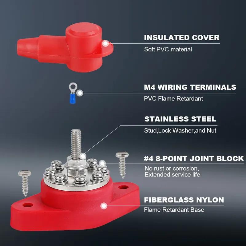 Battery Terminal Block Stud with Protector Bus Bar Electrical Connector M10 M8 M612-48V Black Red For Truck RV Boat Camper Car
