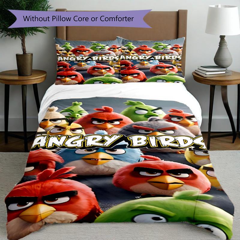 3pcs Duvet Cover Set (1*Duvet Cover + 2*Pillowcase, Without Core), Angry Birds Print Bedding Set, Bedroom Decor, All‑Season, Birthday Gift