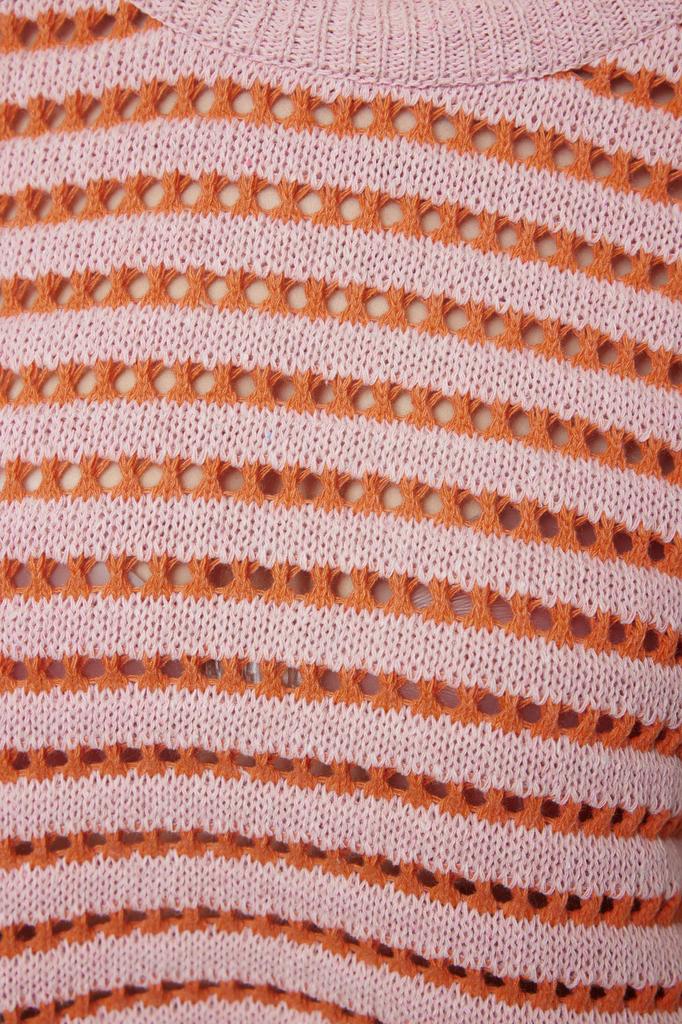 Women's Elegance Style Sweater Black Crop Openwork Perforated Striped Crew Neck Knitwear Sweater