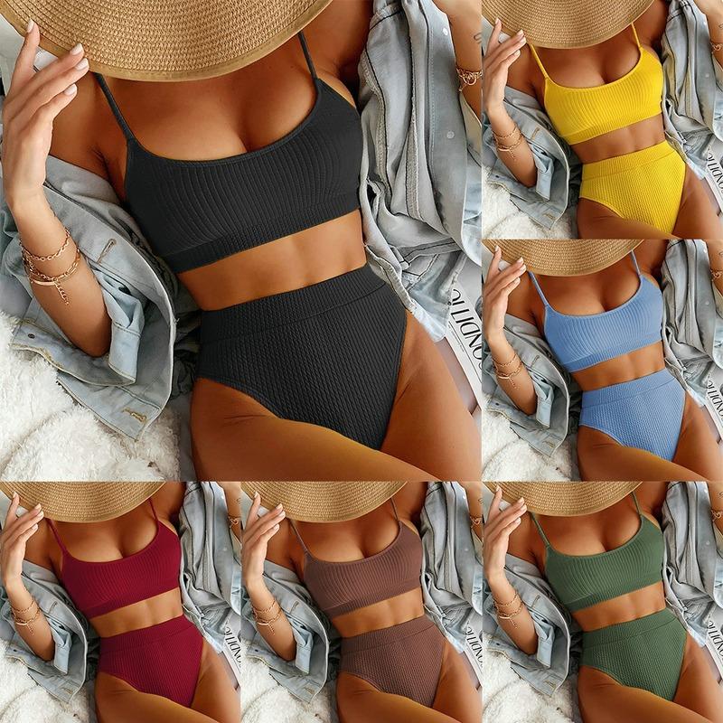 Женский бикини с высокой талией, купальник с пуш-ап, сексуальный комплект бикини с высоким вырезом в рубчик