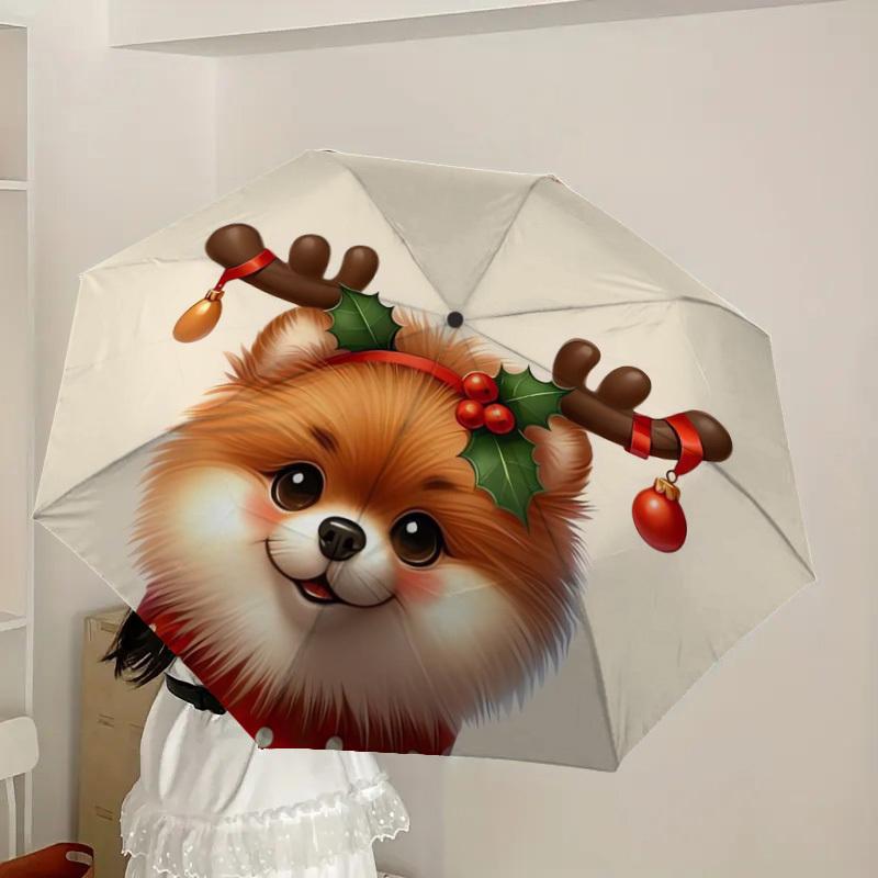 1pc Christmas Pomeranian with Antlers Umbrella with Plastic Handle,Suitable for All Seasons Home Travel Outdoor UmbrellaDD233