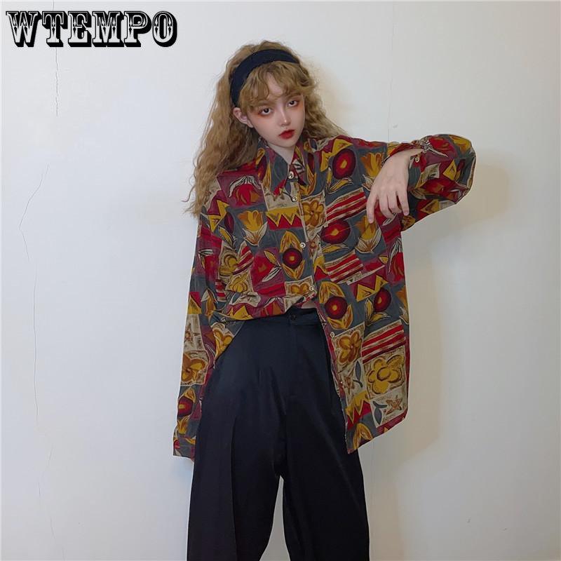 WTEMPO Винтажная блузка женская 90-х годов эстетические рубашки в стиле Харадзюку с длинным рукавом в стиле ретро женские свободные корейские топы с принтом уличная одежда