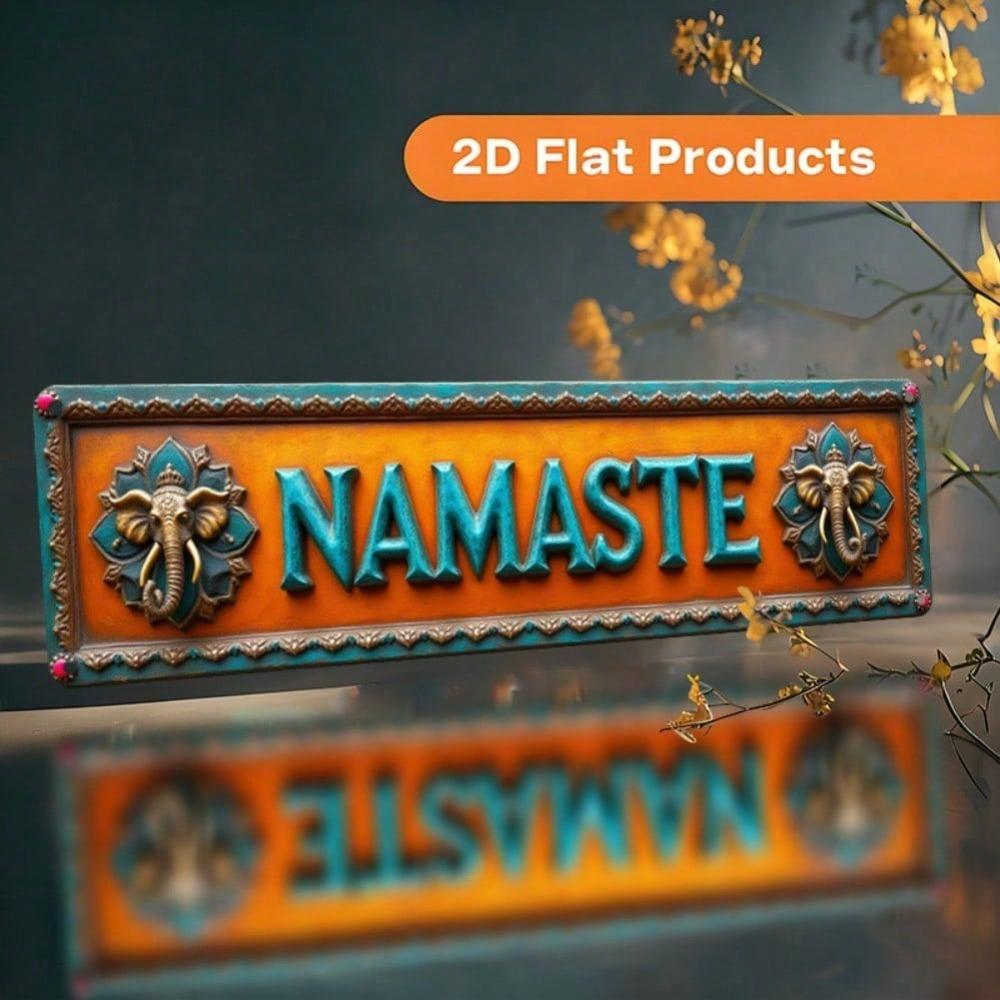 2D Flat Namaste Lotus Wall Decor, Orange Turquoise Metal Plaque Elephant Design, Yoga Studio Home Office Cafe Art, Pre-Drilled Lightweight Aluminum