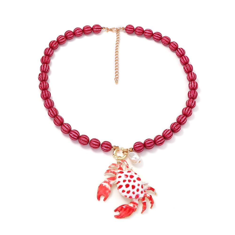 Cute Enamel Crab Pendant Necklace Polka Dot Beads Necklace Simple Bohemian Collarbone Chain Women