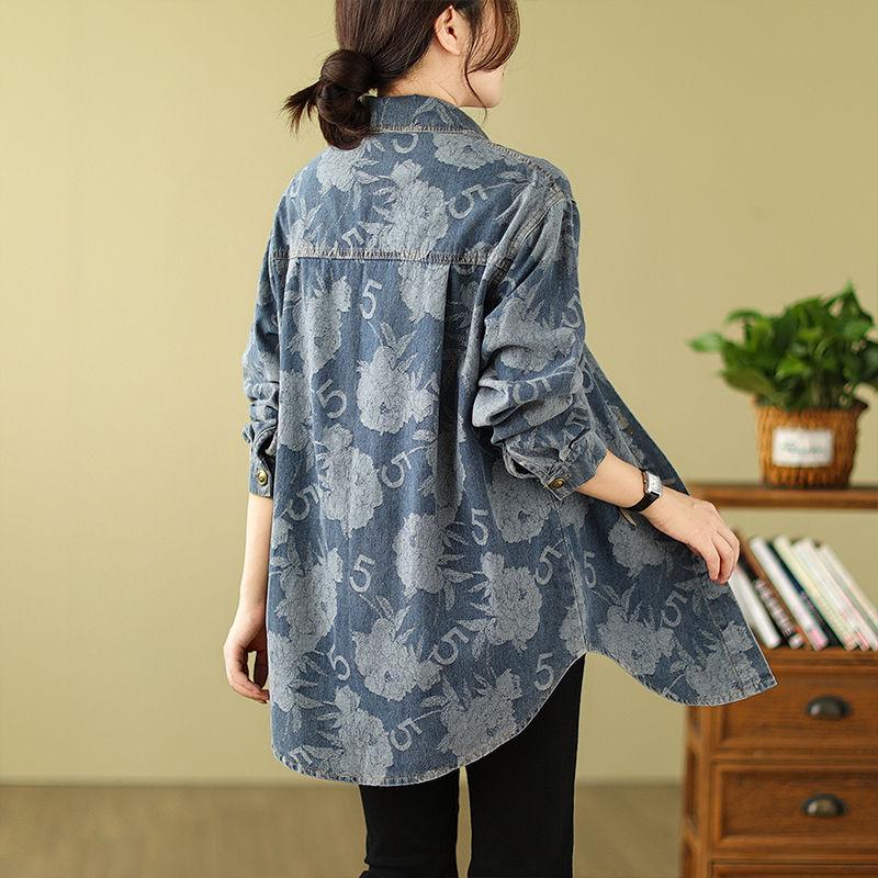 Винтажная джинсовая куртка с цветочным принтом для женщин, ретро-ковбойская рубашка большого размера