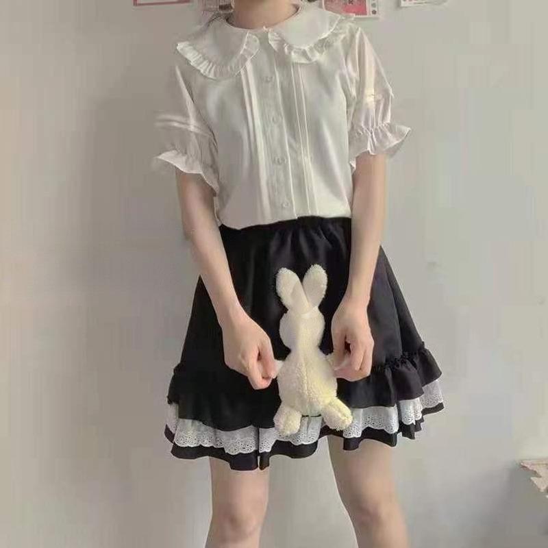Японские милые блузки в стиле Лолиты, женские кавайные рубашки с воротником «Питер Пэн», JK, милые рубашки с оборками для девочек, белый топ с короткими пышными рукавами