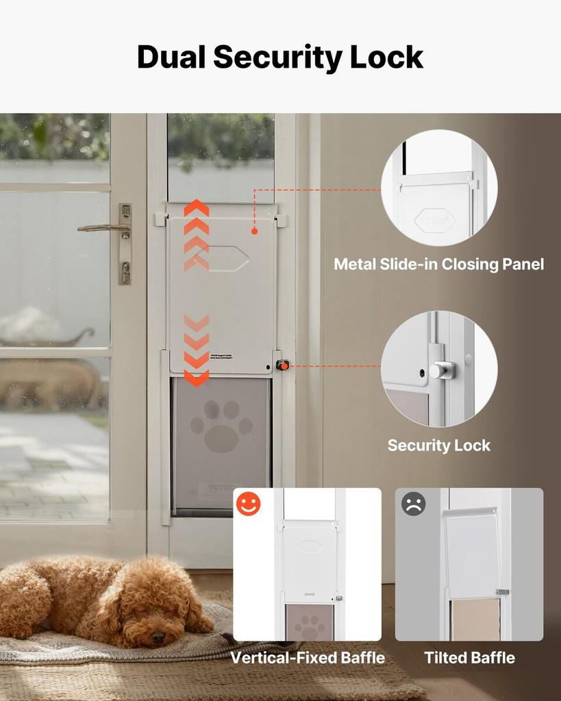 Dog Door for Sliding Glass Door, 2311-2439 mm Adjustable Height, Aluminum Alloy Frame with Metal Rotating Hinges, Lock Design, 209.6 x 311.2 mm Flap,