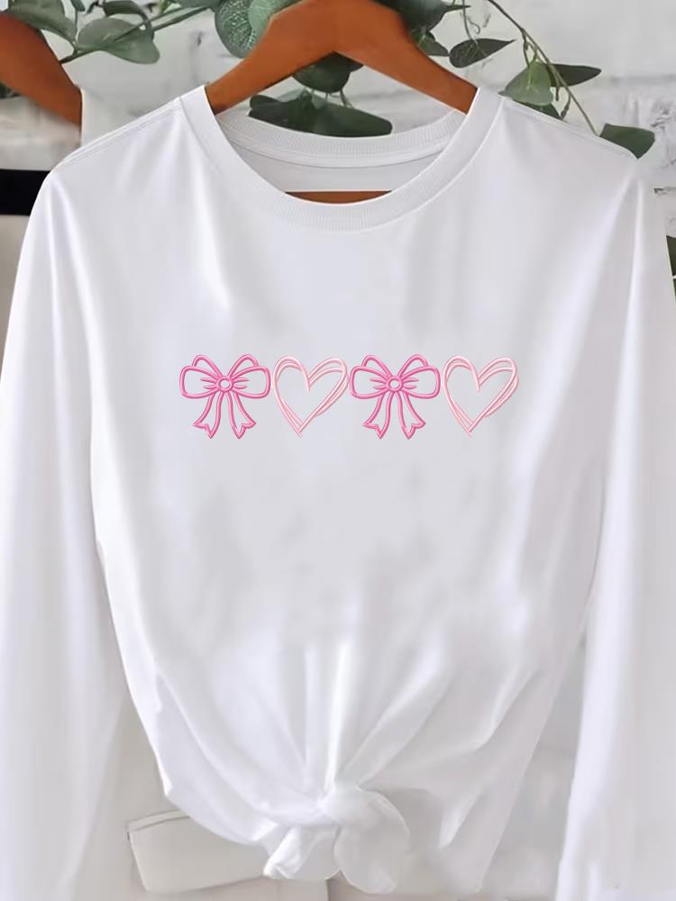 (Азиатский размер) Футболка с длинным рукавом Футболка с круглым вырезом Принт осень зима весна Женский тренд Цветочный тренд Одежда Повседневная Мода Топ Графические футболки