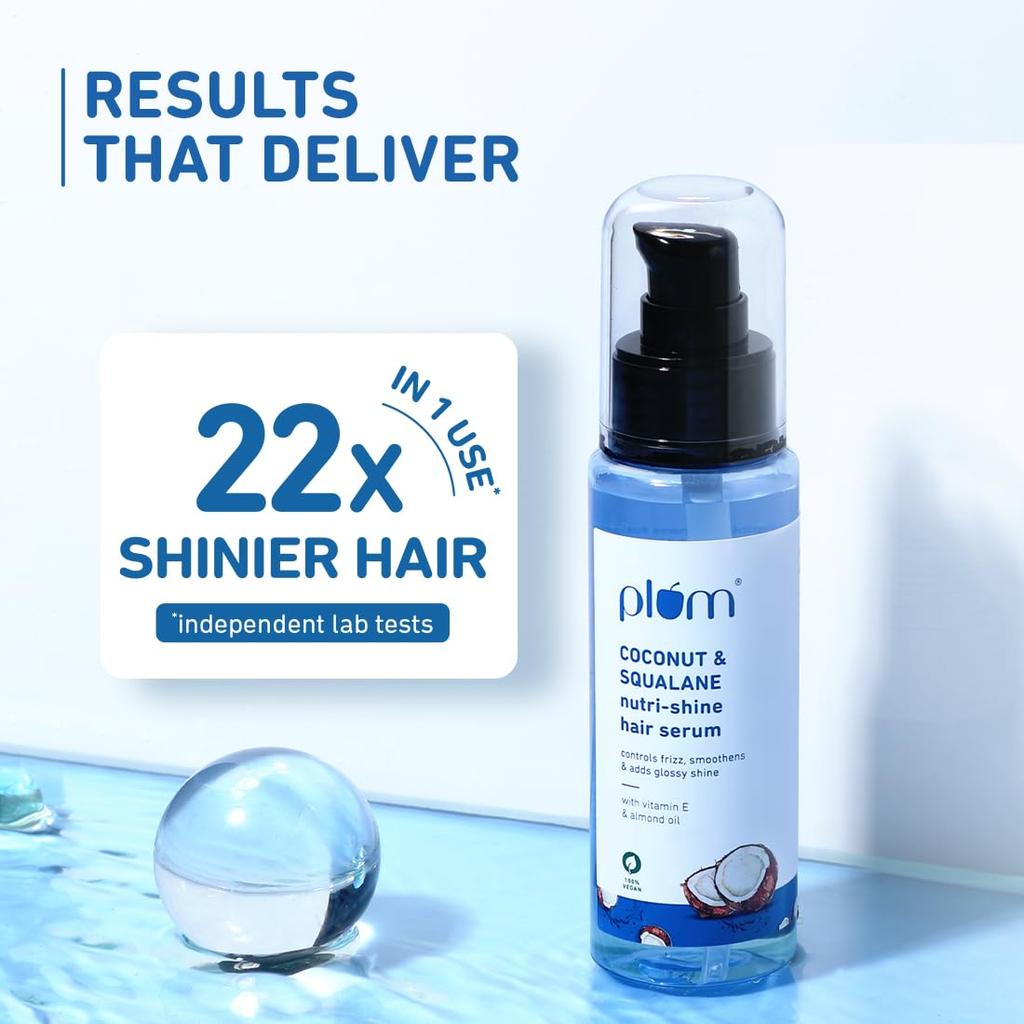 Plum Coconut & Squalane Nutri-Shine Hair Serum For Frizz Control Instant Gloss Lightweight Leave In 75 ml Daily