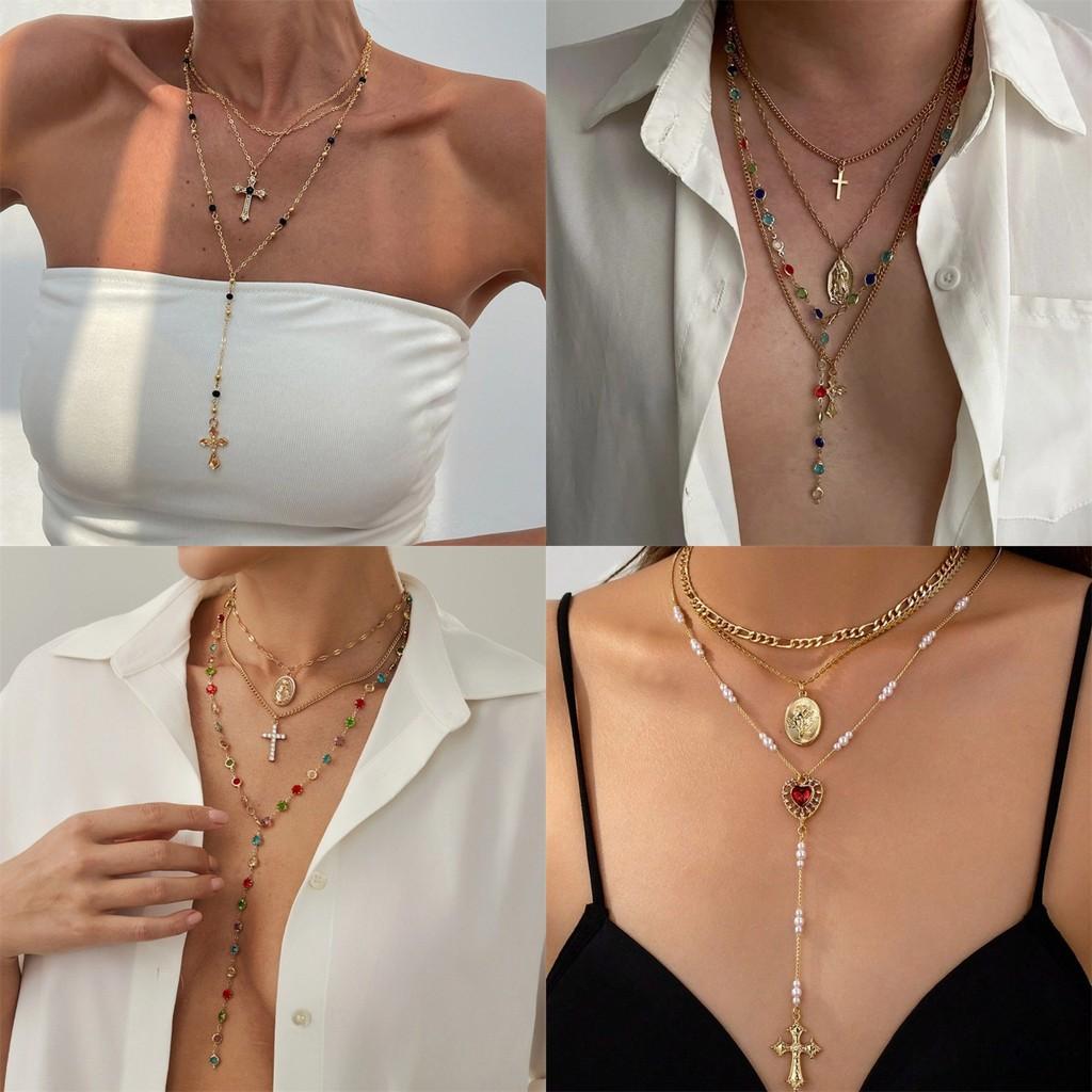 Cross Pendant Necklace For Women With Layered Y Design And Fringes