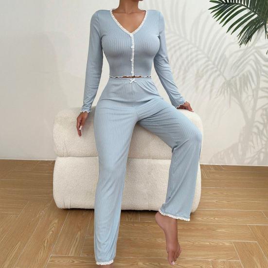 Womens Lace Trim Ribbed Knit Pajamas Set Long Sleeve Crop Top Wide Leg Pants Lounge Set 2 Piece Pjs Sleepwear