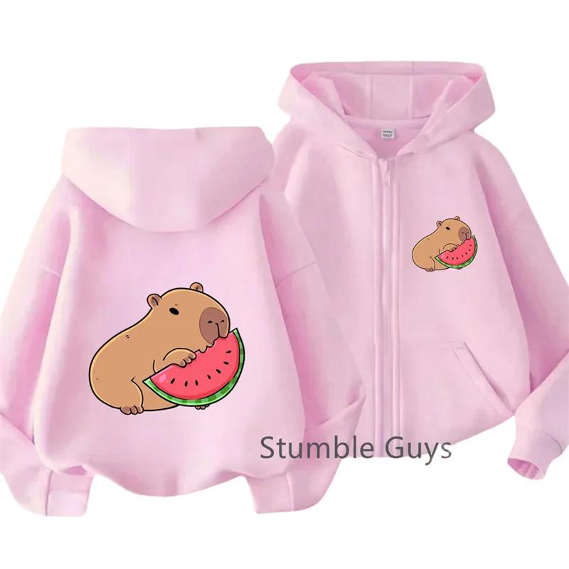 Kids Yellow Zip Up Hoodie Cartoon Capybara Eating Watermelon Print Loose Long Sleeve Outerwear
