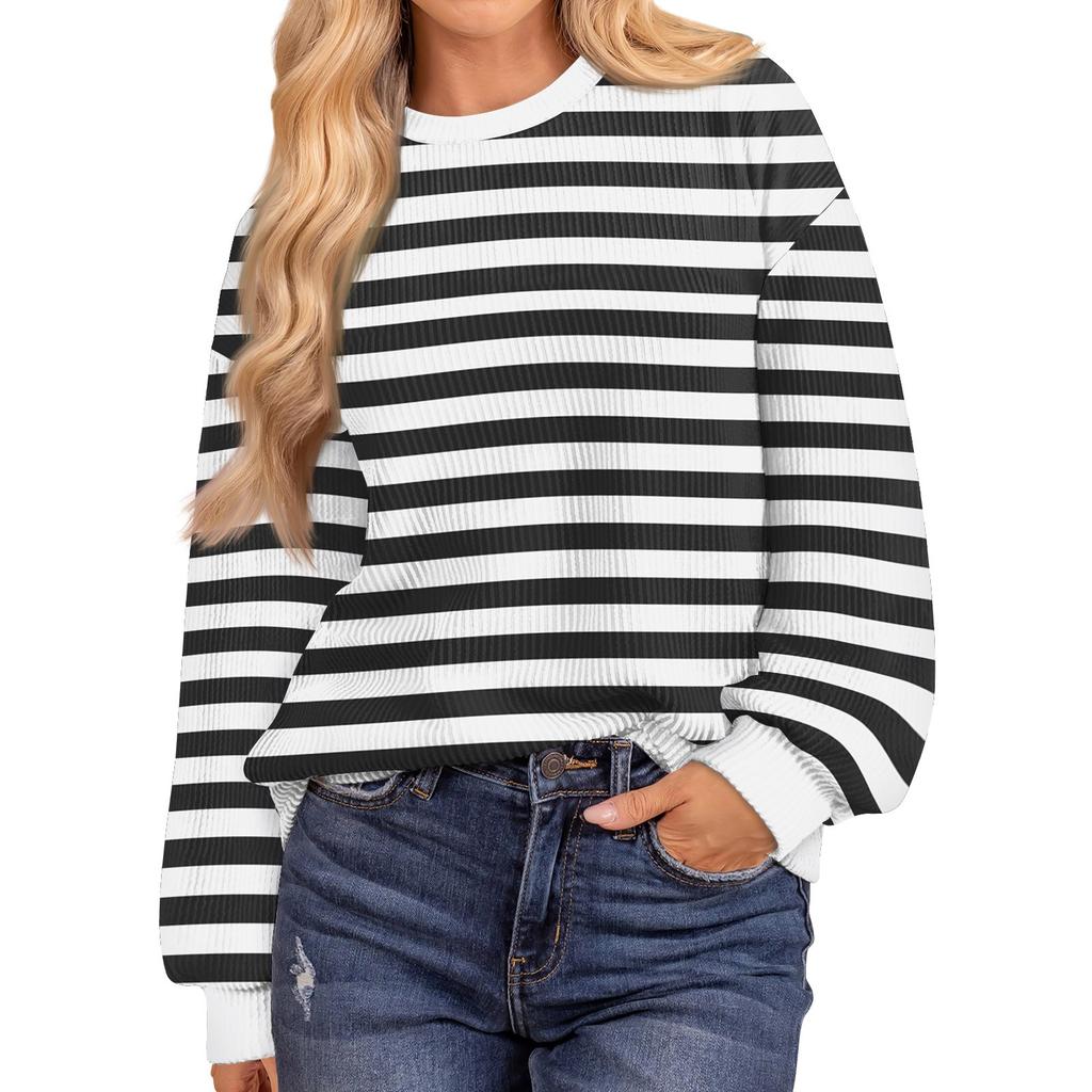 Женские повседневные свободные туники, топы с круглым вырезом, трикотажные ребристые рубашки с принтом, длинный рукав, пуловер, топ