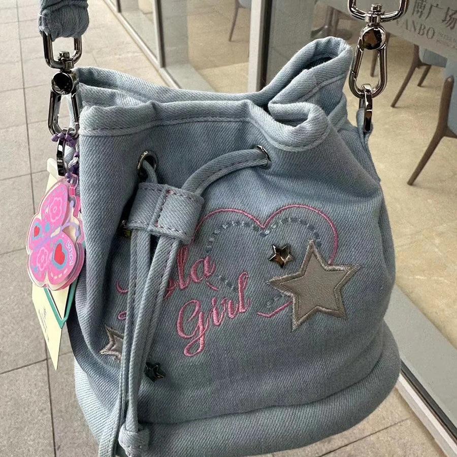 Niche Design Casual Fashion Backpack Denim Bucket Bag Student Universal Drawstring Schoolbag