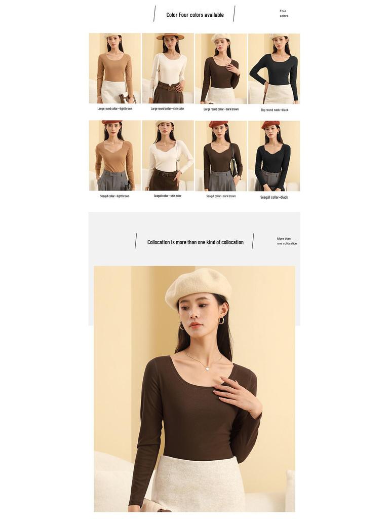 Women's Round Neck Slimming Coconut Oil Infused Shirt - Solid Color, Skin-Friendly, Versatile for Autumn/Winter.