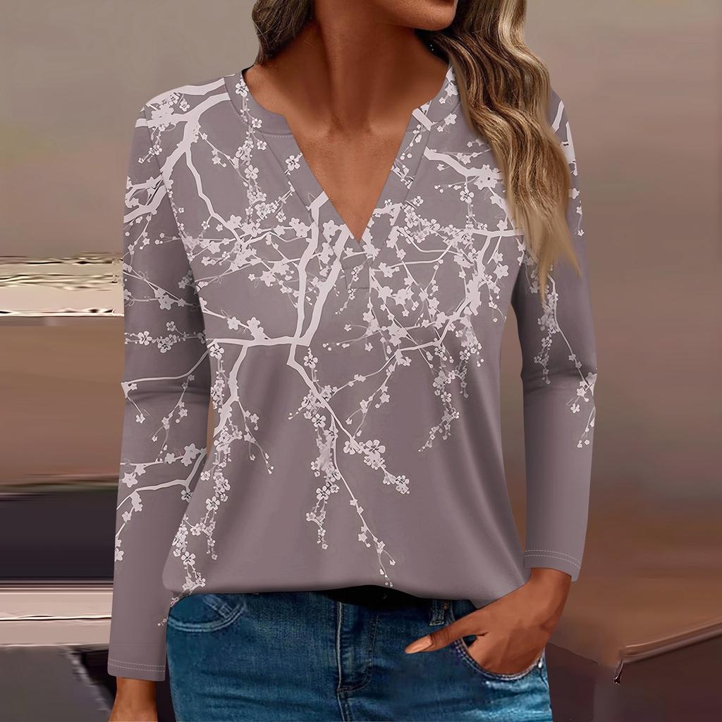 Женская футболка Футболка с принтом и длинным рукавом Повседневные выходные Мода Базовый топ с V-образным вырезом Обычный топ
